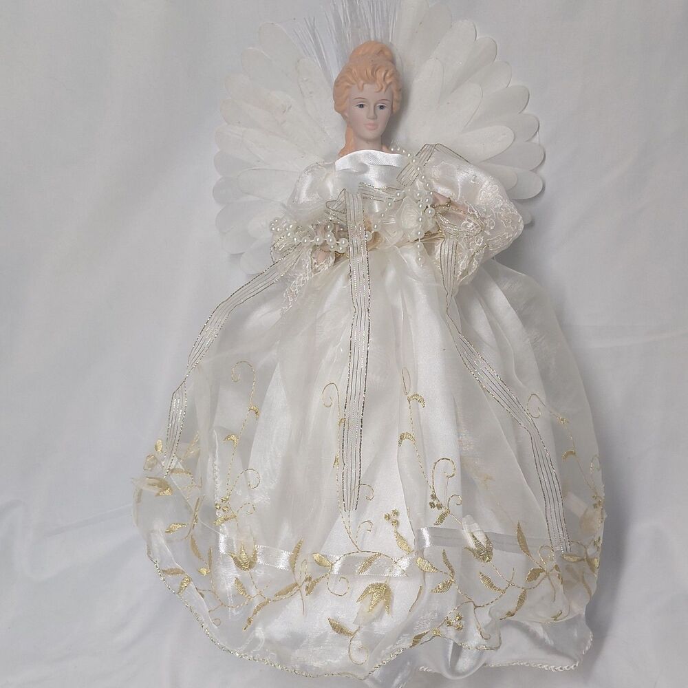 Vintage Lighted Angel Tree Topper White Gold 12" UNTESTED No Power Supply Cord